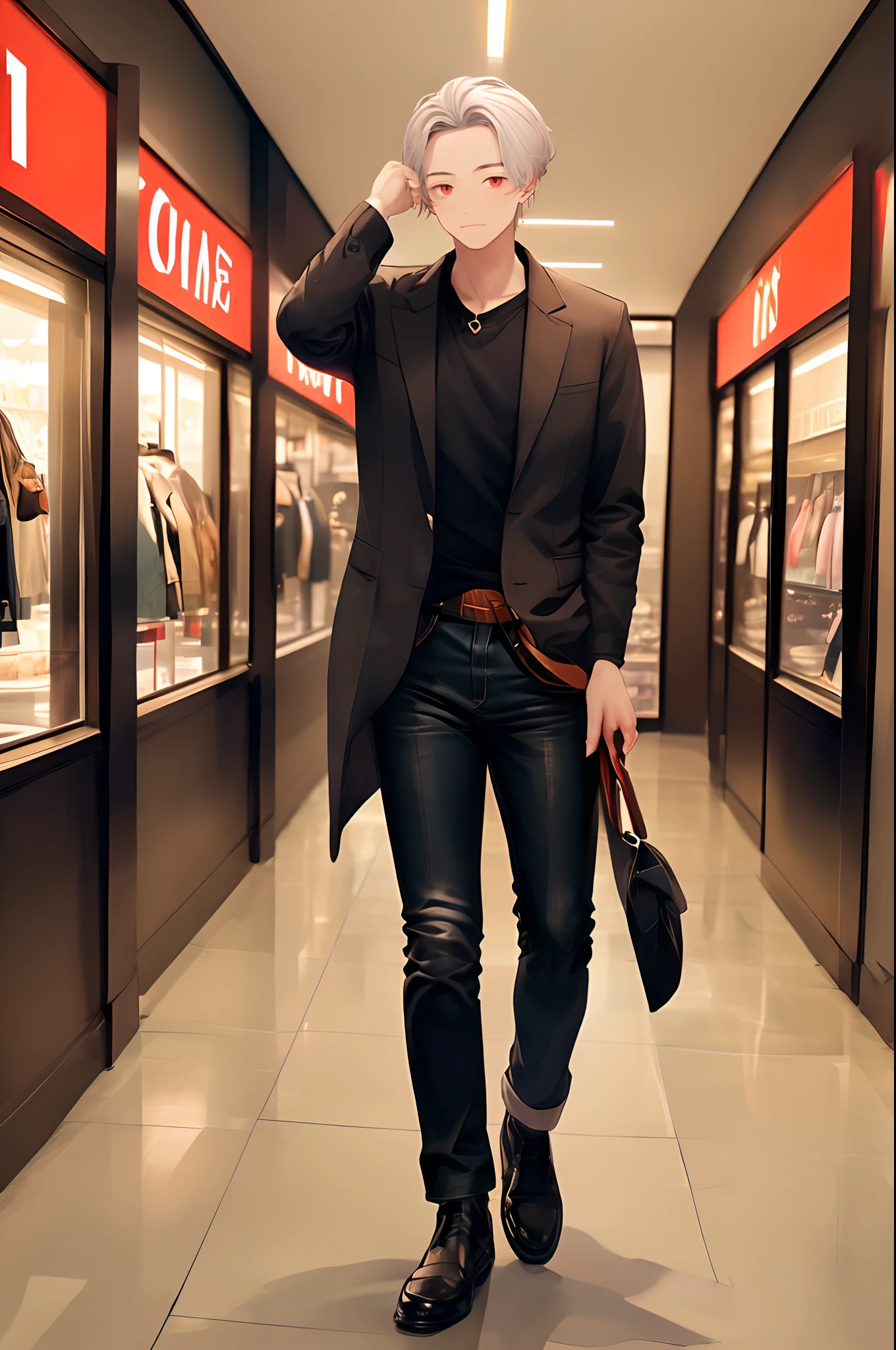 (4K works))、​masterpiece、(top-quality)、((In front of a department store))、Korean Male、Adult male、((Adult 50 years old))、((Adult uncle system))、((Leather Jean Style))、((Face similar to Hyun Jin))、Cool Men、tall、((Gentle face))、((Black cool werewolf fashion))、((Long sleeve long trouser style))、((smaller face))、Slim body、((Uncle))、((white  hair))、((white short-haired))、((Red eyes))、((shot from front))、((Shot alone))、((Solo Photography))、Professional Photos、((Reach out to your audience))、((He walks in front of the viewer))、((dad bod))、