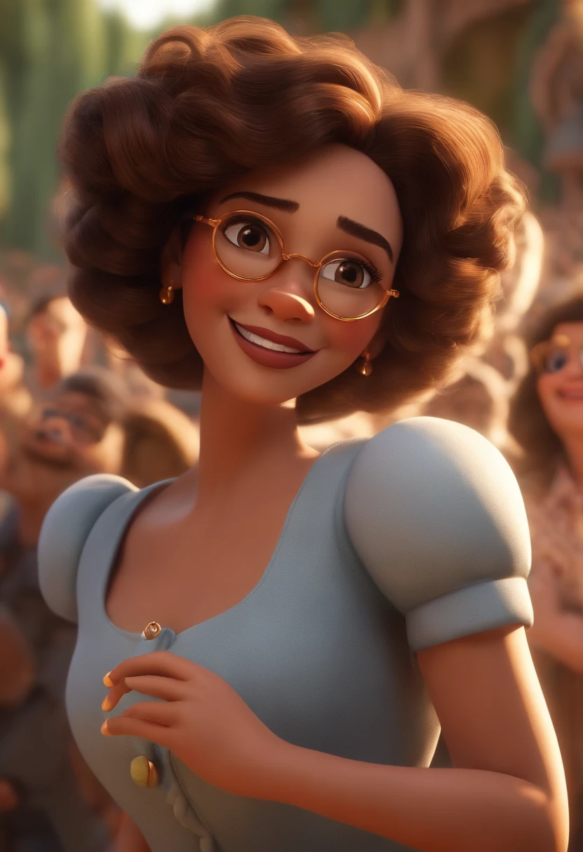 "(best quality,ultra-detalhado,Realistic:1.37),3D rendering,illustration,design de personagens,cabelos curtos e cacheados escuros,belos olhos detalhados,wearing white glasses,Estilo Pixar,morena mulher,Dancing on the Disney stage,atmosfera animada,vivid colors,luzes de palco,expression joyful"