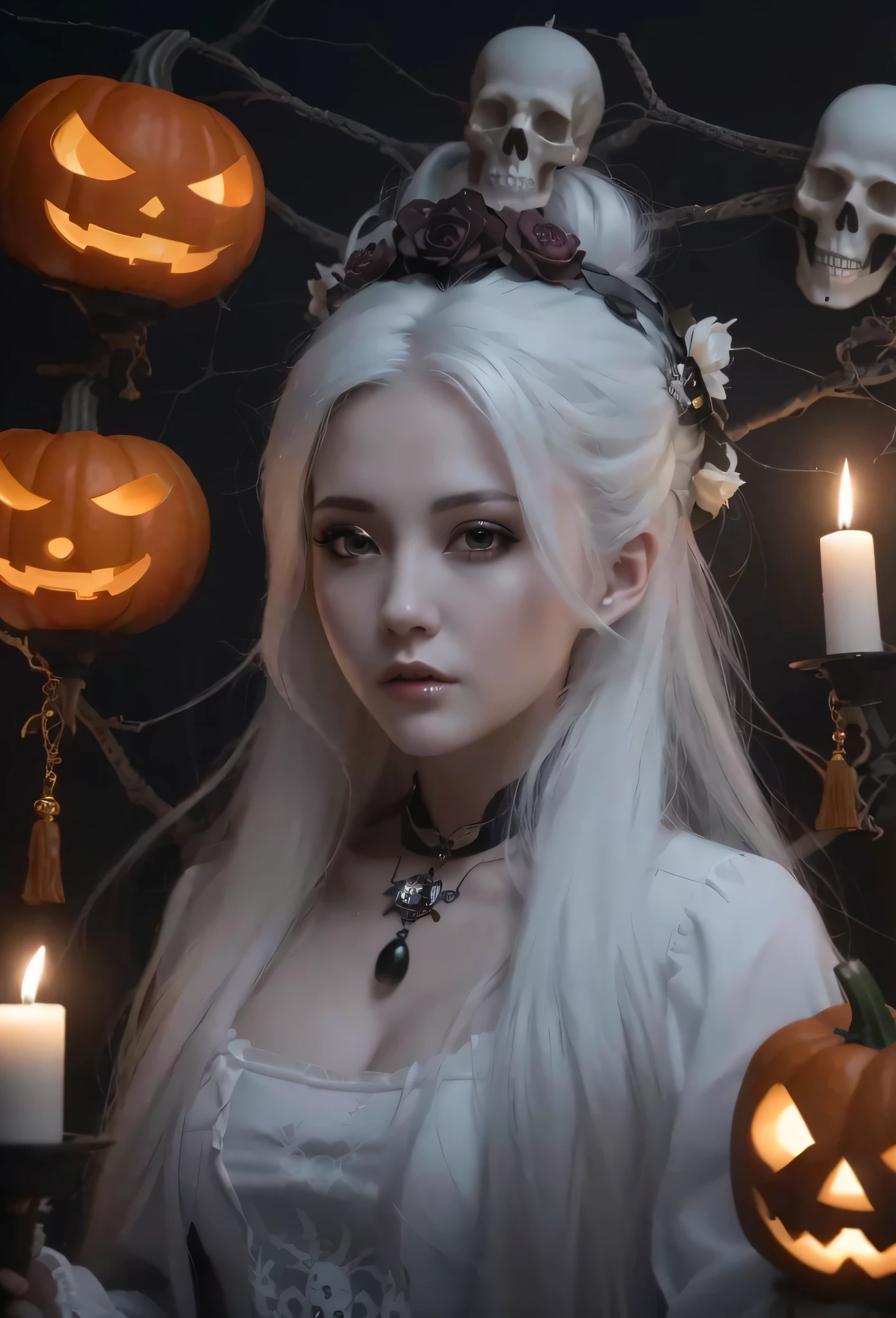 a close up of a woman with a candle and a skull, with long white hair, with white long hair, girl with white hair, white haired deity, white haired, white haired lady, white-haired, perfect white haired girl, halloween art style, classical witch, in a halloween style, flowing white hair, ross tran 8 k, beautiful necromancer girl, intricate, Cybergrunge, Japanese print, close-up portrait, Houdini rendering, Soft focus, figurine, matching colors, Gyaru, subsurface scattering lighting, Ultra-realistic, highly detailed, natural lighting, ocean environment, Unity engine, 8k