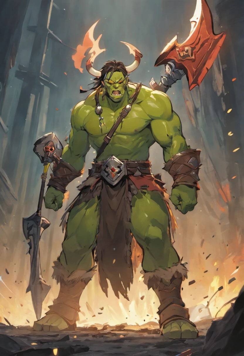 green hyper muscular orc warrior wearing battle armor, bara chest, aggressively flexing, most muscular pose, detailed skin, skin blemishes, lighting should be warm and inviting, casting a soft glow and highlighting the rich colors of his flesh, background cinematic Hollywood movie style, light depth of field, vignette, highly detailed, high budget