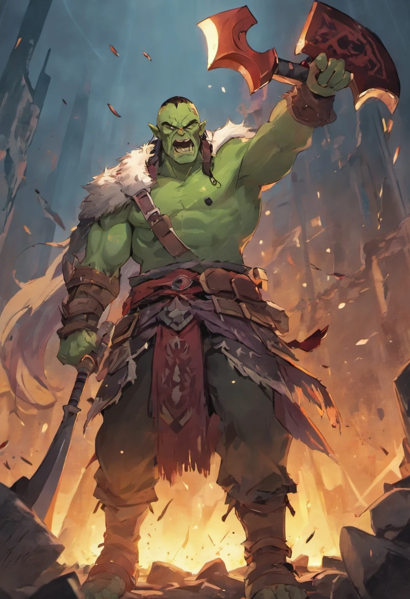 An orc warrior, Ferocious, Fangs exposed, Broken armor, With a giant axe in hand, Battlefield background, High definition, 4k