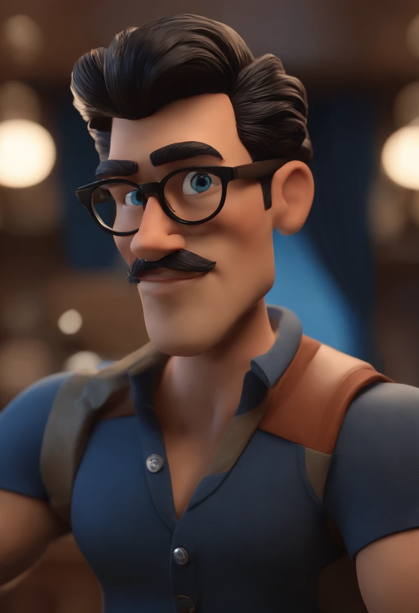 Cartoon character of a man with black glasses, cabelo cacheado marrom escuro e uma camisa azul, animation character, Caractere estilizado, animation style rendering, 3D estilizado, Arnold Maya render, 3 d render stylized, toon render keyshot, Personagem 3D, Personagem 3D, 3d rendering stylized, 3 d character render, personagem de desenho animado, Personagem de close up, Pose de personagem,  (Estilo Pixar) (master part:1.2) (Bokeh) (best quality) (pele detalhada) (textura detalhada) (8k) (argila) (Cinematic lighting) (foco nítido