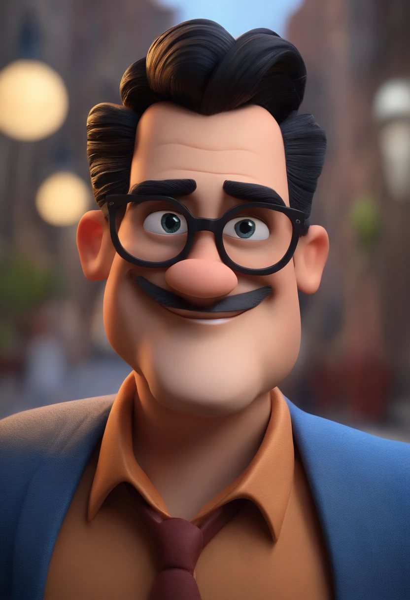 Cartoon character of a man with black glasses, cabelo cacheado marrom escuro e uma camisa azul, animation character, Caractere estilizado, animation style rendering, 3D estilizado, Arnold Maya render, 3 d render stylized, toon render keyshot, Personagem 3D, Personagem 3D, 3d rendering stylized, 3 d character render, personagem de desenho animado, Personagem de close up, Pose de personagem,  (Estilo Pixar) (master part:1.2) (Bokeh) (best quality) (pele detalhada) (textura detalhada) (8k) (argila) (Cinematic lighting) (foco nítido