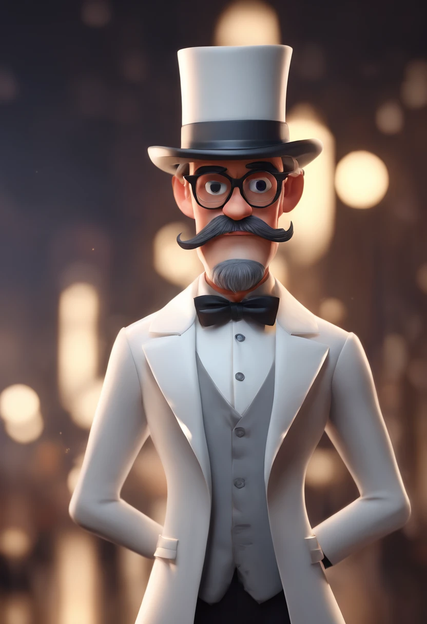 Cartoon character of a man with black glasses and a white shirt, Magician's top hat, bigotes, latino, animation character, Caractere estilizado, animation style rendering, 3D estilizado, Arnold Maya render, 3 d render stylized, toon render keyshot, Personagem 3D, Personagem 3D, 3d rendering stylized, 3 d character render, personagem de desenho animado, Personagem de close up, Pose de personagem, (Estilo Pixar) (master part:1.2) (Bokeh) (best quality) (pele detalhada) (textura detalhada) (8k) (argila) (Cinematic lighting) (foco nítido