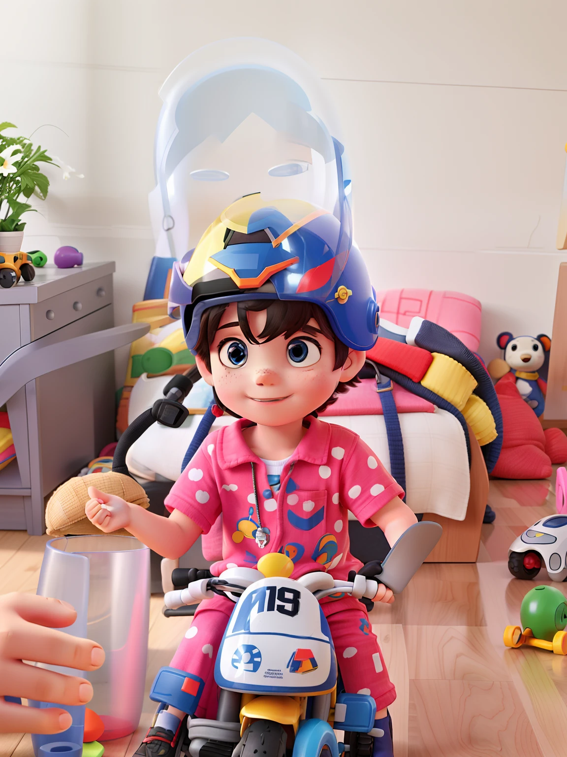 A  in a helmet with toys in the background.