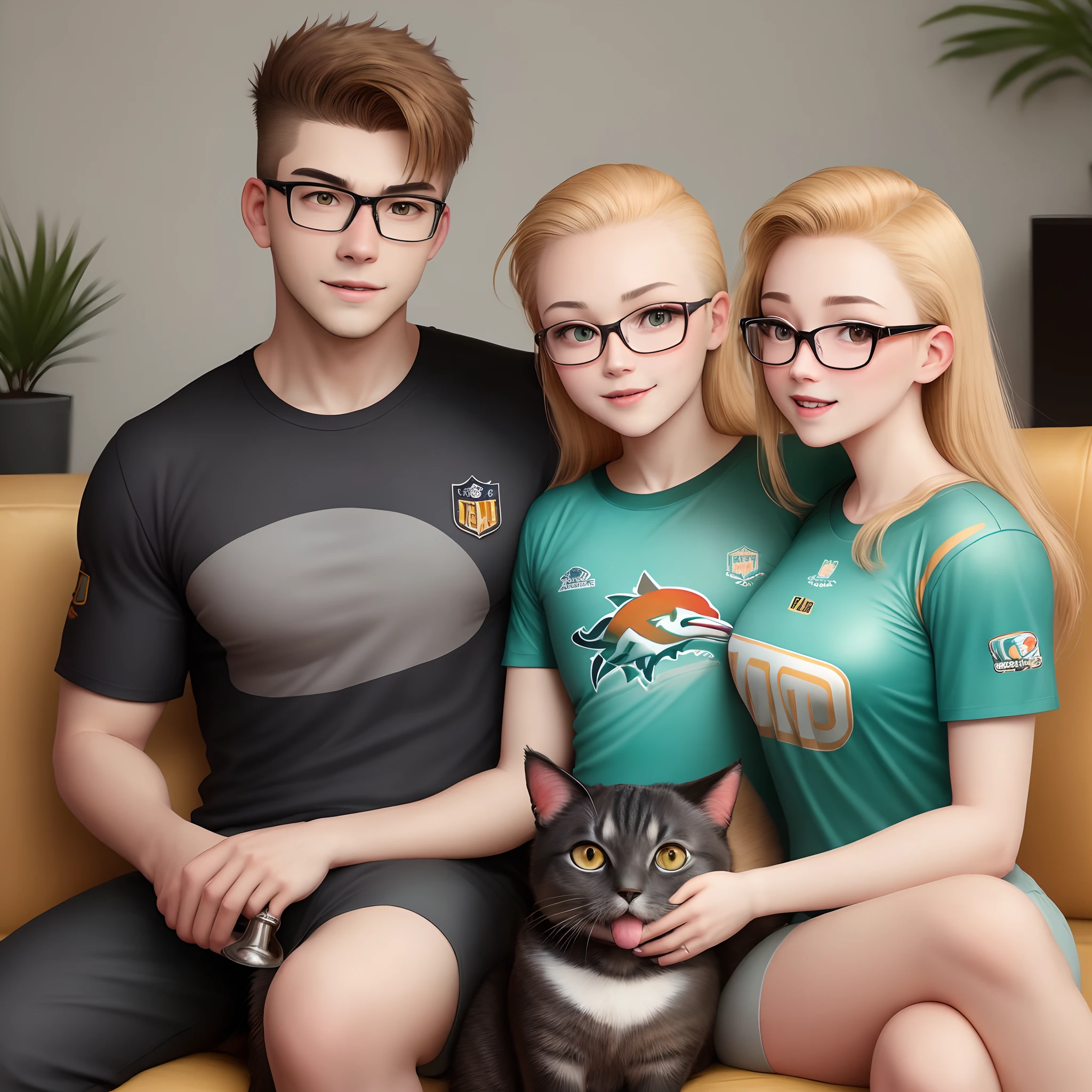 Pixar image a young family sitting on beige sofa ,homem jovem 26 anos pele clara, shaved head of the sides, Small dark beard with square glasses,  Dark Eyes Trumpet In Hand NFL Miami Number 1 Dolphins Jersey,Slim young woman long blond hair 23 years old Light skin with honey colored eyes with shirt Miami dolphins dog number on arms Yorkshire Small hairy with black hair on body and caramel color face very happy ,and a furry gray cat with an angry face