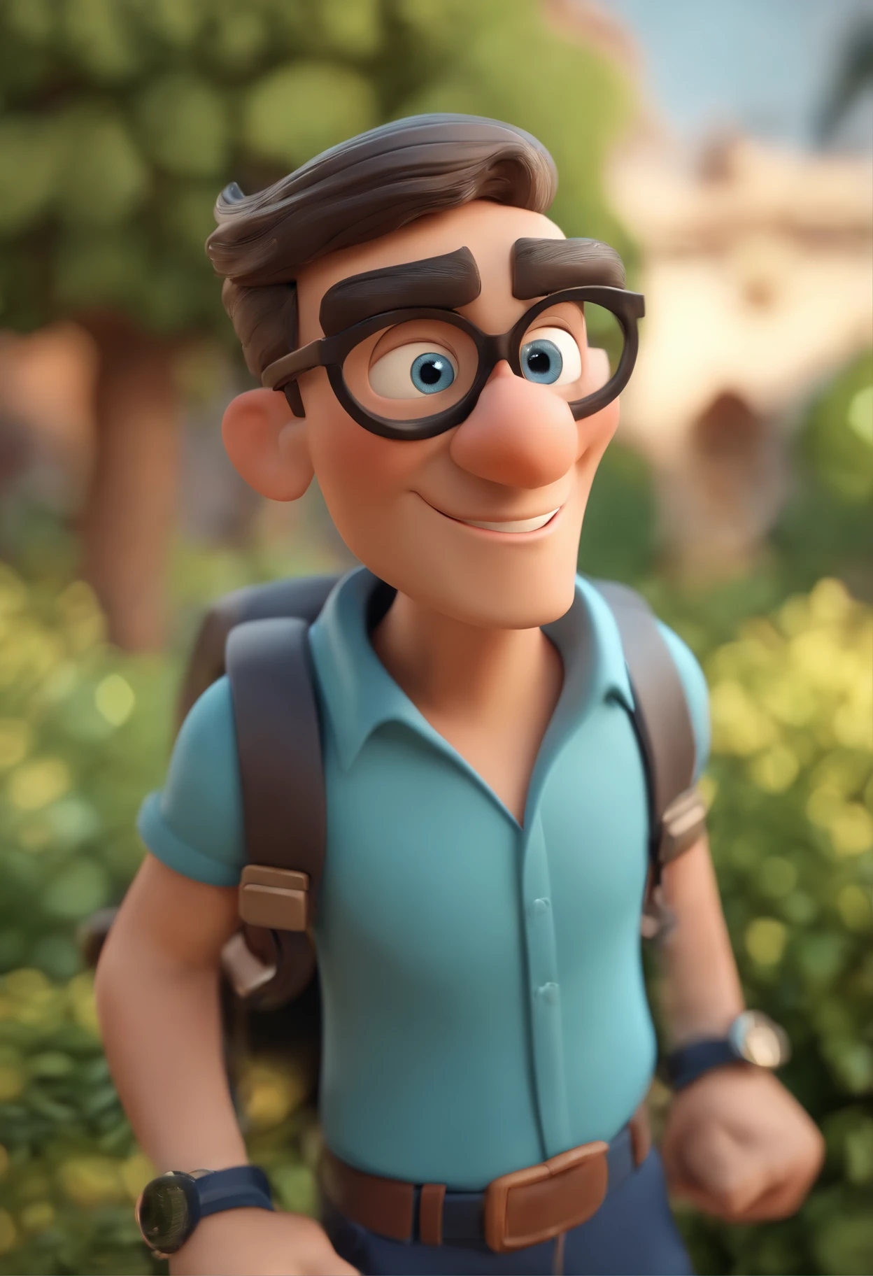 Cartoon character of a man wearing black glasses and a blue shirt, um personagem animado, Caractere estilizado, animation style rendering, 3D estilizado, Arnold Maya render, 3 d render stylized, toon render keyshot, Personagem 3D, Personagem 3D, 3d rendering stylized, 3 d character render, personagem de desenho animado, Personagem de close up, Pose de personagem, (Estilo Pixar) (master part:1.2) (Bokeh) (best quality) (pele detalhada) (textura detalhada) (8k) (argila) (Cinematic lighting) (foco nítido,Senta e vaza a parte superior do corpo