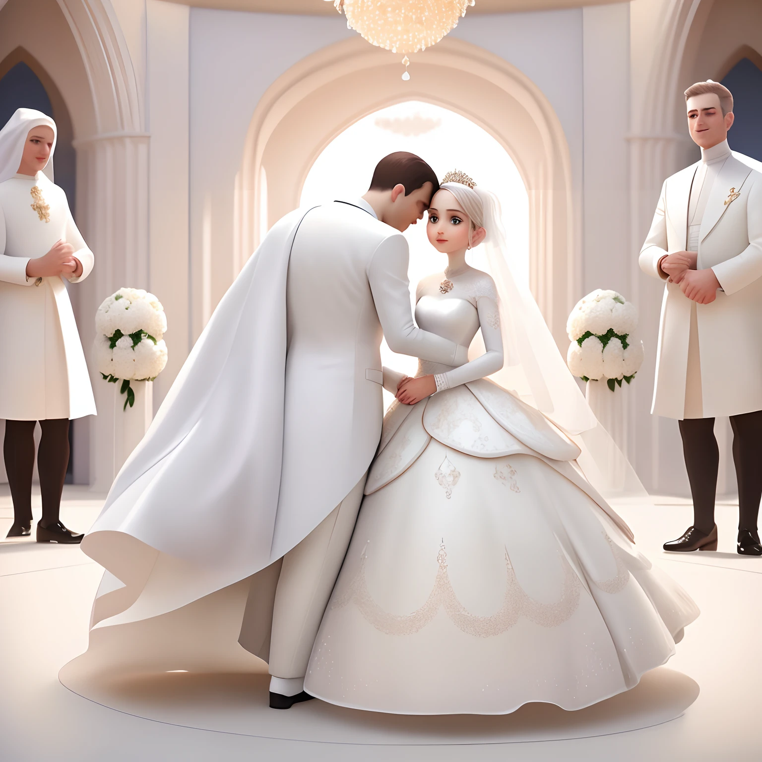 disney pixar poster that say beautiful woman wearing white hijab, wearing little crown, wearing white wedding dress, accompany by a man short haired, wearing white suit, wearing black shoe at a wedding