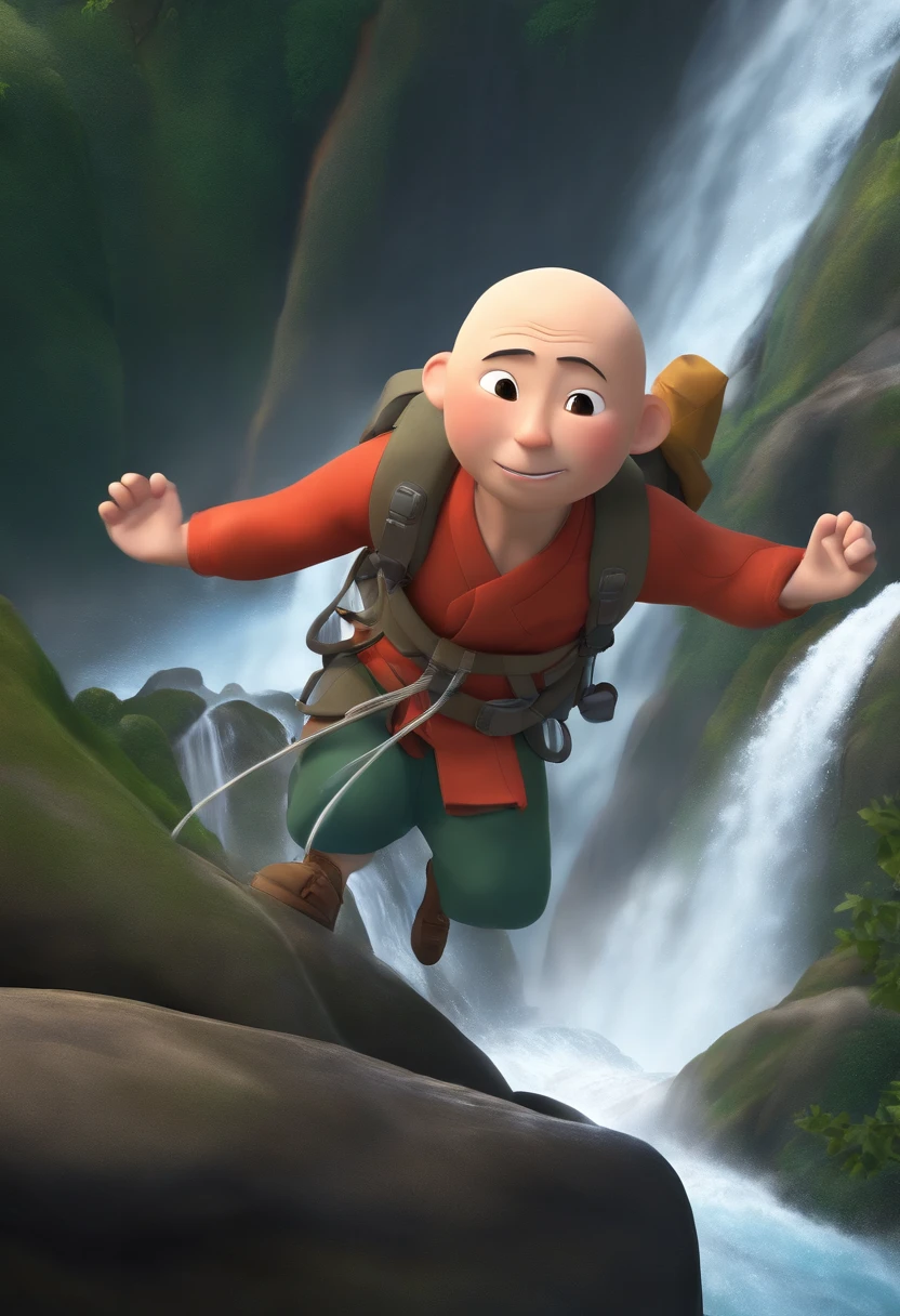 Image of a Japanese bald man for a story in a YouTube video in Pixar format, He's rappelling down the waterfall , He's the class leader, He's outgoing, Playful and gets up for a lot of things