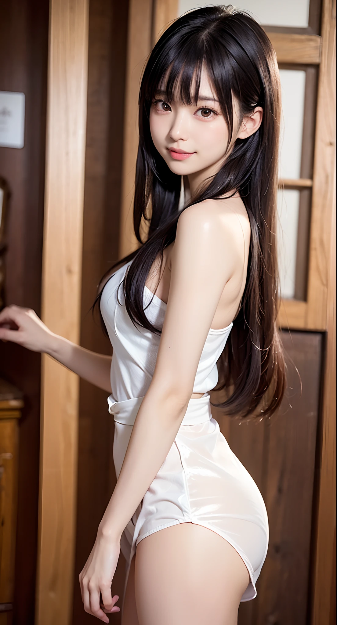 full body Esbian、masutepiece, 2girls, best qualtiy, Ultra Detail, (shiny), (Small)、with blush cheeks, Ray tracing,Perfect Lighting, (milky skin:1.2),reflection,  up looking_で_viewer, blush, yellow_Eyes, Japan's cutest 28-year-old beautiful girl、Small ribbons in the hair、(Hyper-realistic), (a picture), (High resolution), (in 8K), (detaileds), (Best Illustration), (Beautiful detailed eyes), (beautifull detailed face), (top-quality), (Ultra-detailed), (masutepiece), (wall-paper), (extra detailed face), (Black Long Hair),  (Solo), (A detailed eye, thin cheeks, shinny skin, shiny lip, lighting on the face), (Standing:1.2),  (Exposed thin thighs), (Slim waist), (Smile),  (Dynamic、embarassed face、Slouching posture at a shrine 、high slit、Not wearing pants、cowboy  shot、From Side:1.5)、Red ribbons、((((Girl in Red Priestess Uniform、Short Hakama、Kamimei、Precincts of the shrine、A smile、Dead leaves flutter)))),NSFW