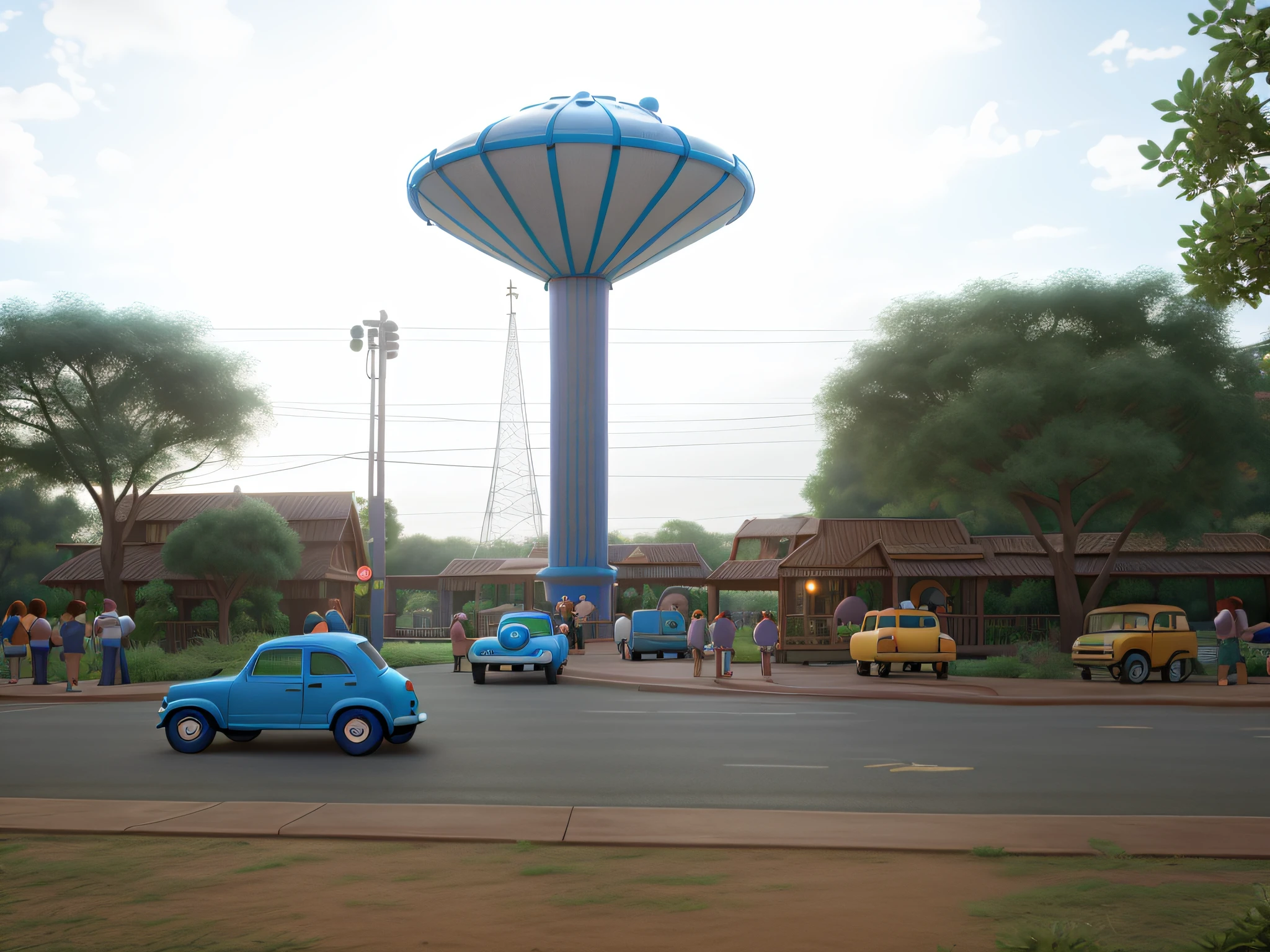 Disney Pixar style water tank, in high quality, suspended with the surroundings full of people