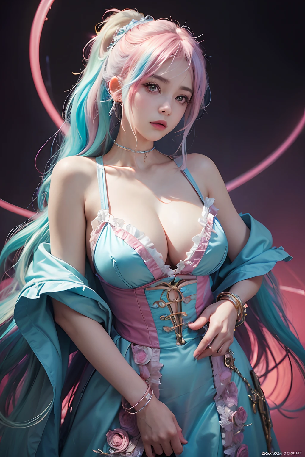 anime big breast_artwork of a, Rococo, Grand_photographed, Polaroid, annoyed_Girl, neonlight_Glowing_Hair, kanon_5D_Mark_4, neonlight_Light, Kodak_Ektar, Flamboyant, Pastel_colours, Curved_Lines, elaborate_detail, Rococo, J's Art.c. Ryan Decker