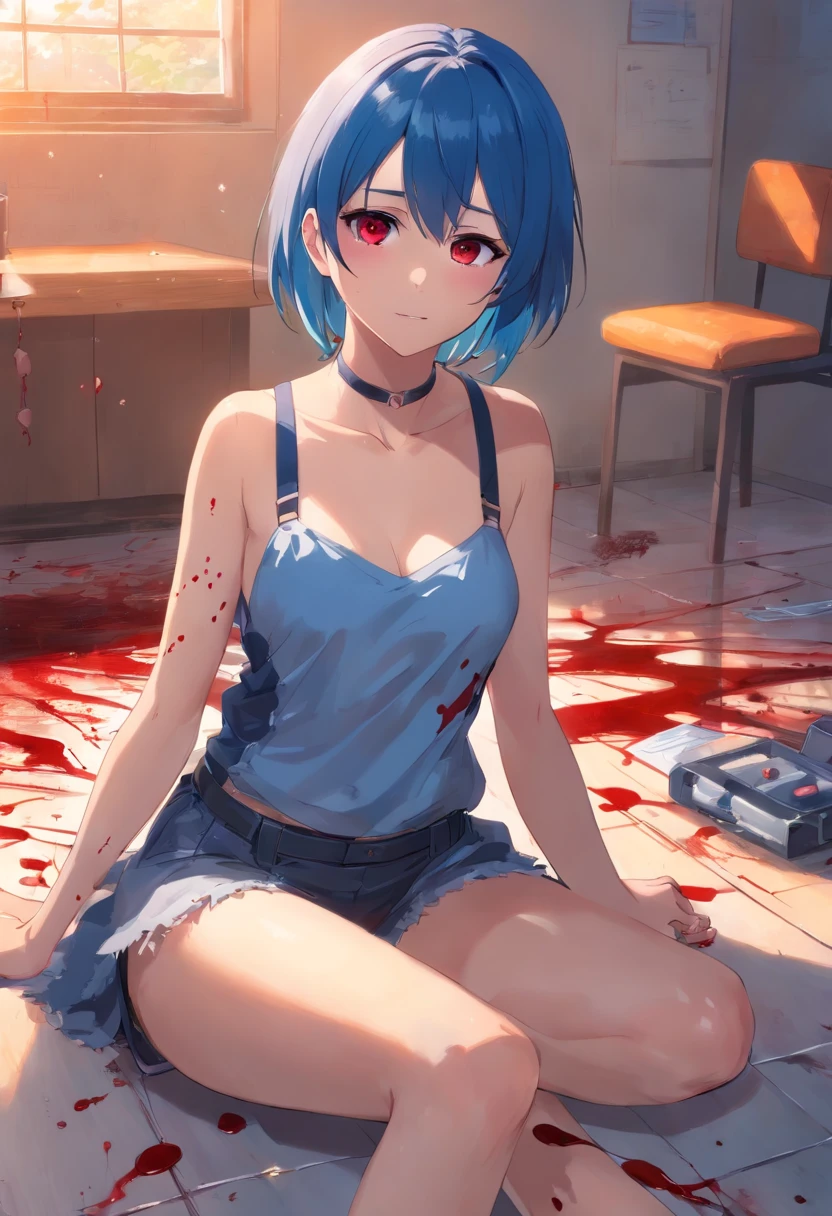 ((best quality)), ((masterpiece)), (detailed), 1 girl, blue_hair, blood, blood_on_clothes, blood_on_face, blood_on_hands, blood splatter, breasts , suspenders, high heels jewelry, injury, looking_at_viewer, red eyes, sitting, thighs, alone, holding a knife, corpse lying on the floor