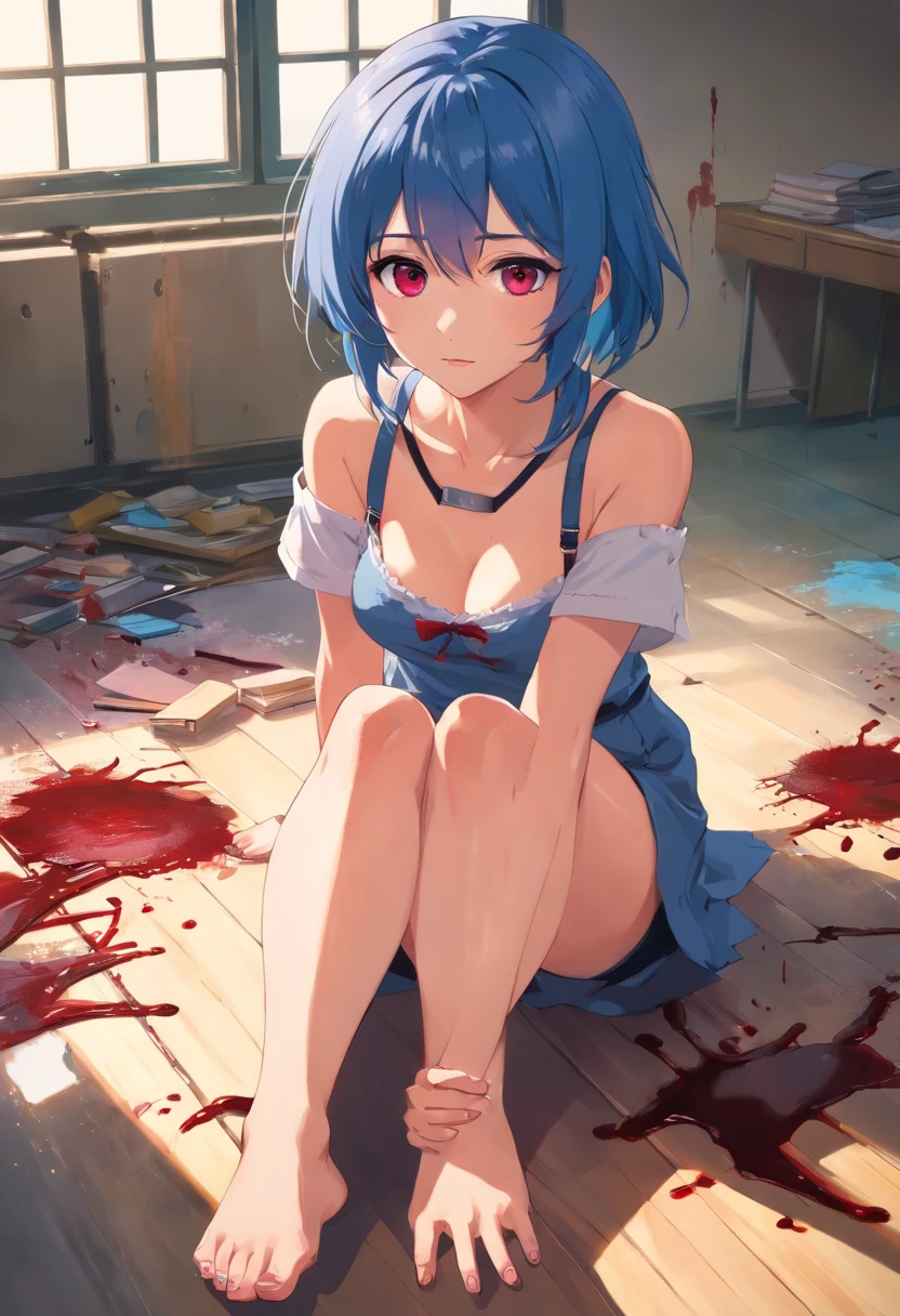 ((best quality)), ((masterpiece)), (detailed), 1 girl, blue_hair, blood, blood_on_clothes, blood_on_face, blood_on_hands, blood splatter, breasts , suspenders, high heels jewelry, injury, looking_at_viewer, red eyes, sitting, thighs, alone, holding a knife, corpse lying on the floor