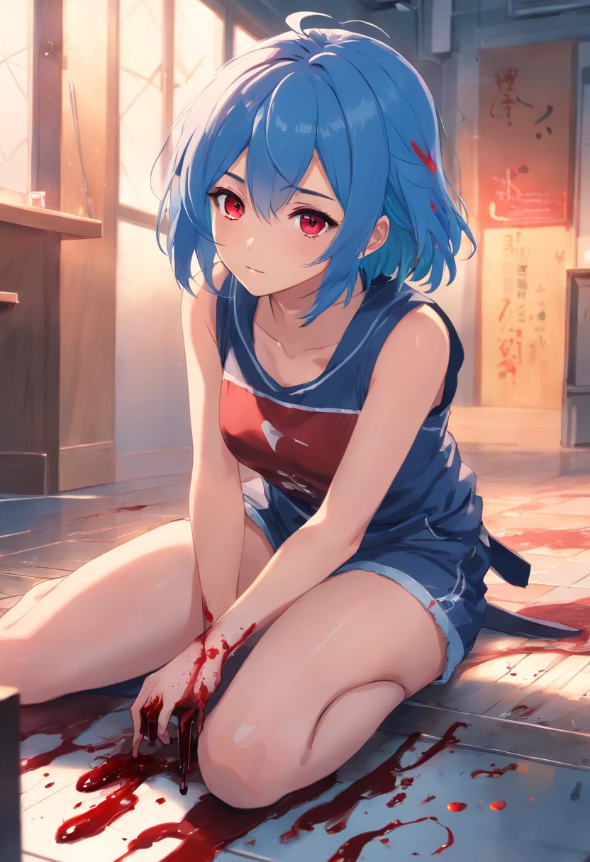 ((best quality)), ((masterpiece)), (detailed), 1 girl, blue_hair, blood, blood_on_clothes, blood_on_face, blood_on_hands, blood splatter, breasts , suspenders, high heels jewelry, injury, looking_at_viewer, red eyes, sitting, thighs, alone, holding a knife, corpse lying on the floor