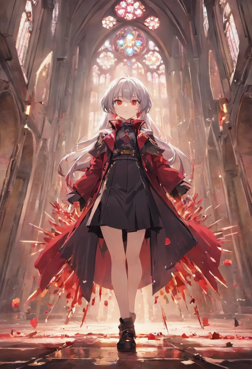(Bangs combed back)Silver-haired beautiful boy with spiked hair、red eyes、Black tailcoat、The dim、Inside a ruined church、Red flowers scattered on the floor