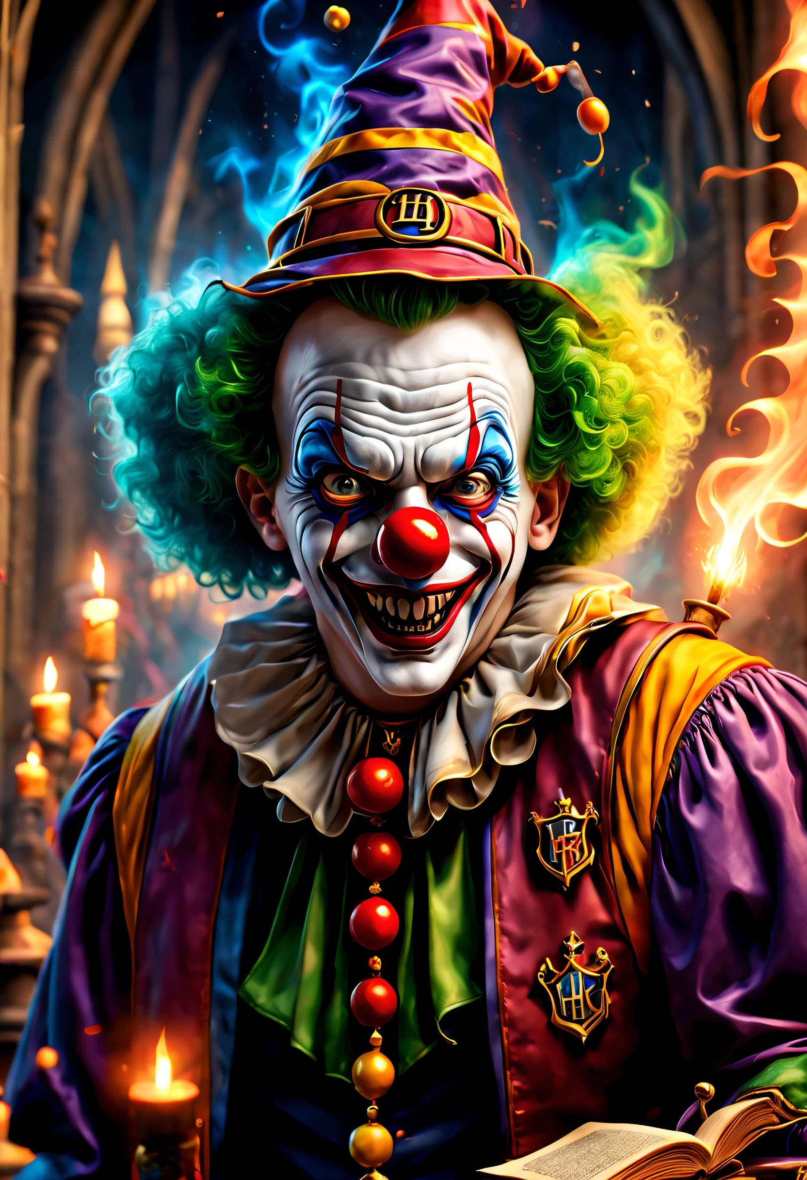 (Best quality, 8K, high resolution, Masterpiece: 1.2), Ultra detailed, (Realistic, Photorealistic, Photorealistic: 1.37), (A clown dressed in Hogwarts School of Witchcraft and Wizardry, The eyes are full of weirdness and evil，In a magical ritual: 1.42), With his magic book and a crystal staff with mystical symbols. The scene is full of bright colors, The clown's magic trick creates a captivating visual spectacle. Every detail of the magic is meticulously rendered, Textures and lighting effects highlight the pulsating energy. Images are real works of art, It has a very high resolution. Every detail has been taken care of to the utmost care, It has an impressive atmosphere full of magic, Surrounded by a mysterious aura, (anatomically correct, textured skin, UHD, masterpiece, ccurate, super detail, high quality, best quality, highres, 8k), fire element composed of fire elements