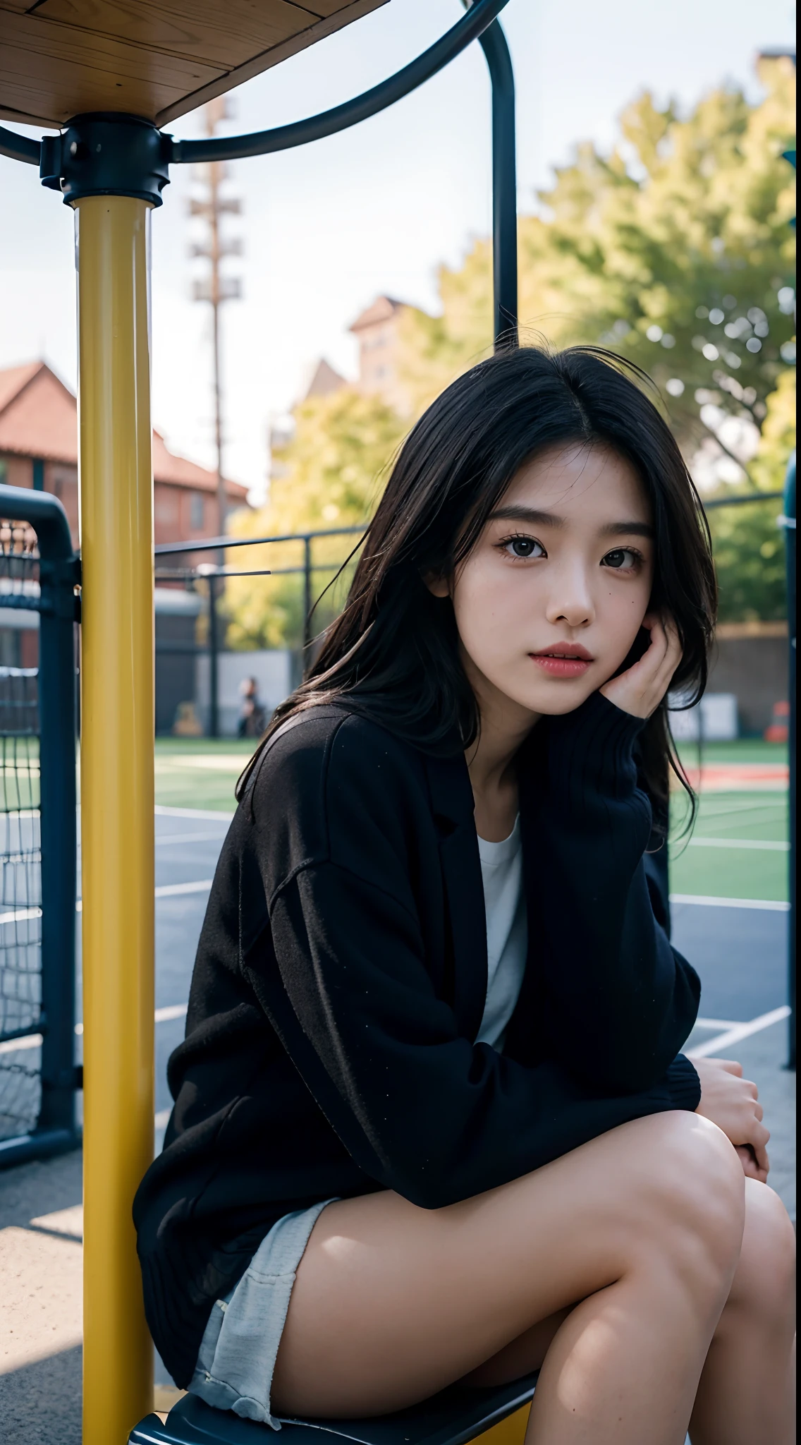 High-res, Realistic portrait of professional Chinese university campus lady with perfect skin，The breath of life should emphasize her sitting and standing postures，autumnal，Wear a black jacket，White sweater knitted underwear，Beautiful woman sitting on the playground of the schoolyard，Medium half-body，Long black hair，Looks confident and cute, Longing for freedom and beauty，Surrounded by the atmosphere of modern school life， Vibrant and naturally lit highlights. The artwork should emphasize her elegant facial features, Including charming long eyes, Fluttering eyelashes and seductive lips. The scene should be enhanced with elements of professionalism and visual appeal，For example, Medium-sized playground，tennis court，basketball ball，Mainframe computers, High-resolution display, and a complex and diverse student body，Displays the people in the crowd，Highlight the beauty focus， The overall tone should be warm and professional, The sun shines on the playground，soft sun light，Has a soft and natural color palette. The artwork should exude a sense of professionalism, Success, and cultural pride，The background is blurred out，Protrude two or three background figures，