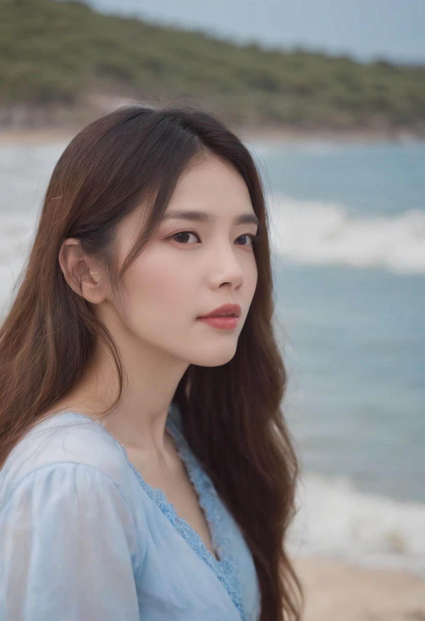 Longhaired Beauty，beachside，stocklings，blue-sky，baiyun