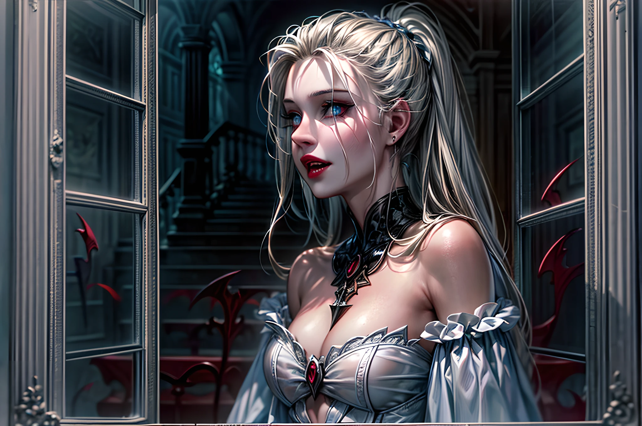 picture of vampire in her the front of her home, an exquisite beautiful female vampire in her front door of her home, full body (ultra detailed, Masterpiece, best quality), ultra detailed face (ultra detailed, Masterpiece, best quality), grey skin: 1.3 , blond hair, hair in a ponytail, long hair, blue eyes, cold eyes, glowing eyes, intense eyes, (taking of a mask: 1.5), smile with [drops of blood on face] (ultra detailed, Masterpiece, best quality), dark red lips, [vampire fangs], wearing white dress (ultra detailed, Masterpiece, best quality), dark blue cloak, high heeled boots in front of her home, high details, best quality, 16k, [ultra detailed], masterpiece, best quality, (ultra detailed), full body, ultra wide shot, photorealism, luis royo style, dark fantasy art, moon light coming through the window, moon rays, gothic art, sense of dread, sense of seduction