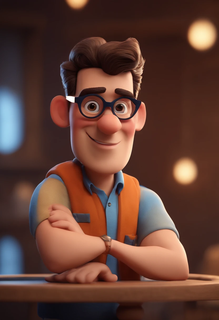 Cartoon character of a man with black glasses and a blue shirt, animation character, Caractere estilizado, animation style rendering, 3D estilizado, Arnold Maya render, 3 d render stylized, toon render keyshot, Personagem 3D, Personagem 3D, 3d rendering stylized, 3 d character render, personagem de desenho animado, Personagem de close up, Pose de personagem,  (Estilo Pixar) (master part:1.2) (Bokeh) (best quality) (pele detalhada) (textura detalhada) (8k) (argila) (Cinematic lighting) (foco nítido