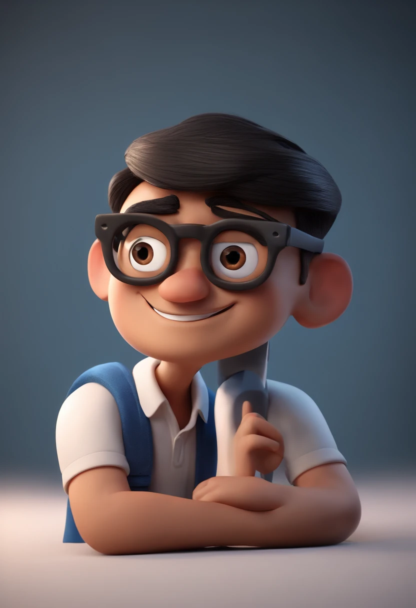 Cartoon character of a man wearing black glasses and a blue shirt, um personagem animado, Caractere estilizado, animation style rendering, 3D estilizado, Arnold Maya render, 3 d render stylized, toon render keyshot, Personagem 3D, Personagem 3D, 3d rendering stylized, 3 d character render, personagem de desenho animado, Personagem de close up, Pose de personagem, (Estilo Pixar) (master part:1.2) (Bokeh) (best quality) (pele detalhada) (textura detalhada) (8k) (argila) (Cinematic lighting) (foco nítido，Senta e vaza a parte superior do corpo