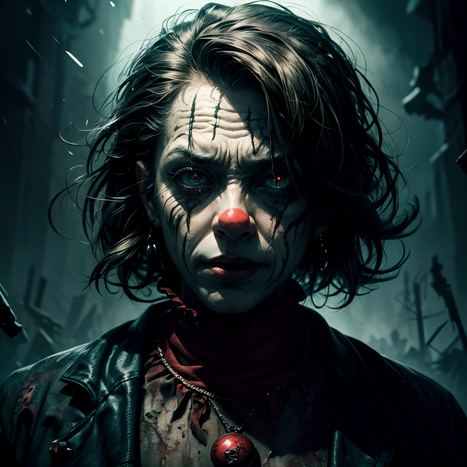 A terrible one, Bloody, Disfigured killer clown with ultra-realistic detail. The scene is in high resolution, Like a 4K masterpiece. The painting style should be hyper-realistic, Bring out the horror and gore. The tone should be dark and eerie, Emphasize the atmosphere of terror. The lighting should be dramatic, With deep shadows and harsh highlights. The clown's eyes should be mesmerizing and detailed, With a sinister expression. The face should be very detailed, Show every wrinkle, Scar, and creepy features. The clown's lips should be delicate,And contorted into a menacing smile. The surroundings should be dark and mysterious, Increase fear and suspense. The overall image should evoke a sense of fear and anticipation.
(HighestQuali, 4K 分辨率, Hyper-detailed, Realistic:1.37), Terrifying, Bloody, disfigured, Killer clown, Ultra-realistic, high resolution (Horror:1.2), Hyper-realistic style, Dark and eerie tones, Dramatic lighting, Delicate and captivating eyes, Insidious facial expressions, Extremely detailed face, Distorted and threatening lips, Dark and mysterious environment.
