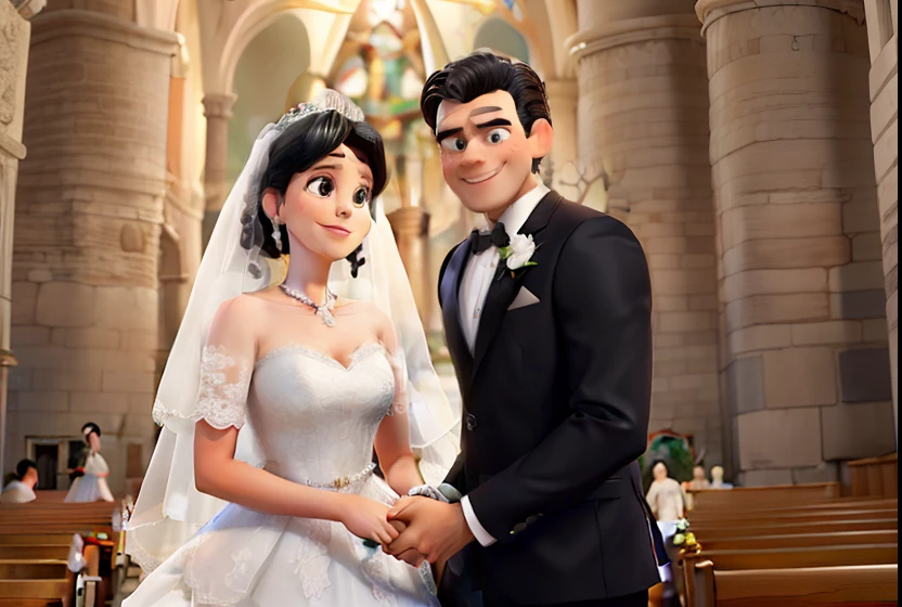 Obra-prima, de melhor qualidade, um casal vestidos de noivos no dia do casamento, The woman is white with black hair and tied up with a bridal tiara The man is white with black hair and in a black suit the two are holding hands inside a church, no estilo dos filmes pixar da disney