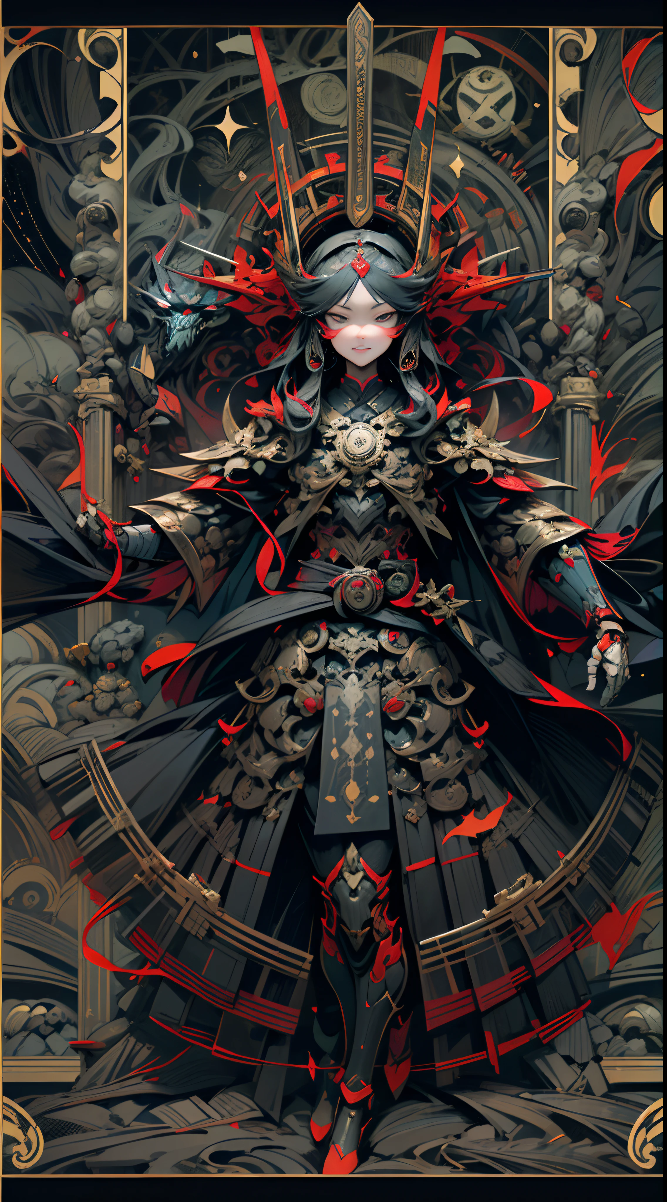 tarot cards,Full tarot border,(The image is surrounded by a tarot card-style border:1.8), 1man mechanical miracle,Robotic presence,cybernetic guardians,Samurai mechanical armor,Katana at the waist,absolutely stunning art,wearing in black cloak,Art of the highest quality,Highest high resolution,hyper-detailing,black and red,A futuristic,samurai robots,atmospurate,8k,64k,k hd,Unbeatable masterpiece,动态照明,cinematic ligh,epic,Dark_Fantasy,cyber punk perssonage,(zentangle,datura,Tangles,entangled), (s fractal art: 1.3),holy rays,gold foil,Gold leaf art,glitter drawing,Full tarot border,(Full border 1.5),Fang Yi,