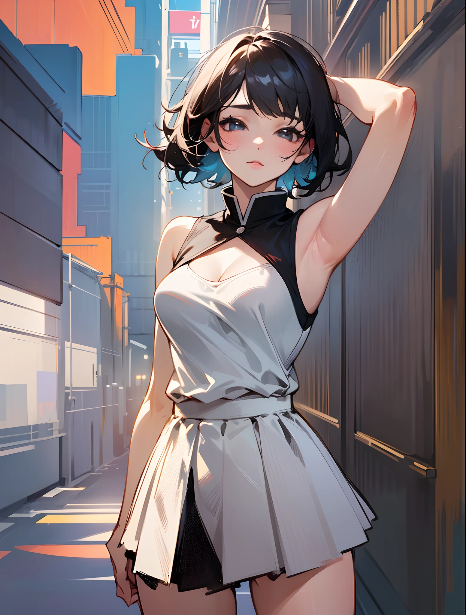 ((top-quality, 8K)), (Realistic), (Face Focus: 1.1), (white and black: 1.3), Kawaii Girl, short-hair, Hair fluttering in the wind, Facing to the side, Look up at your face, Eyes closed, (Sleeveless: 1.1)、Skirt, D Cup Breasts, --auto --s2