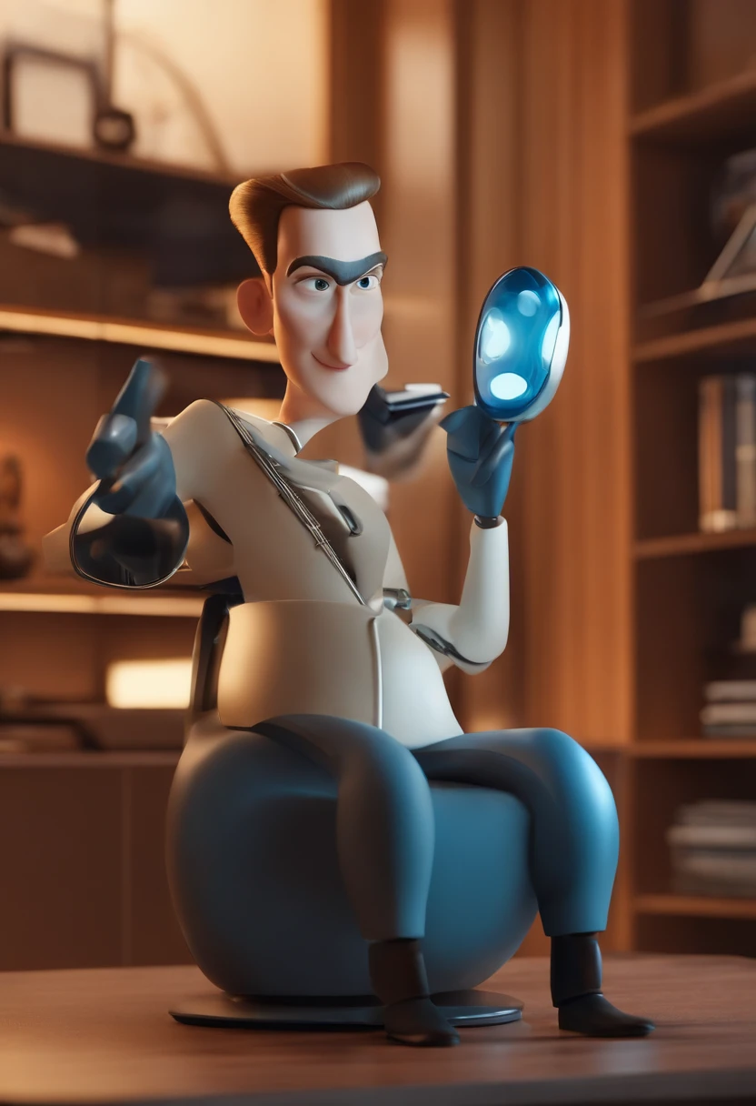 Um designer grafico de sonhos futurista, mas realista, inspired by Pixar animation, de perto. The character takes center stage in the office with captivating facial expressions, oferecendo um toque de irrealidade. esse personagem tem caracteristicas como essas: um homem de 25 anos, de formato de rosto oval, cabelo preto de corte baixo, barba rala, e com um oculos preto.