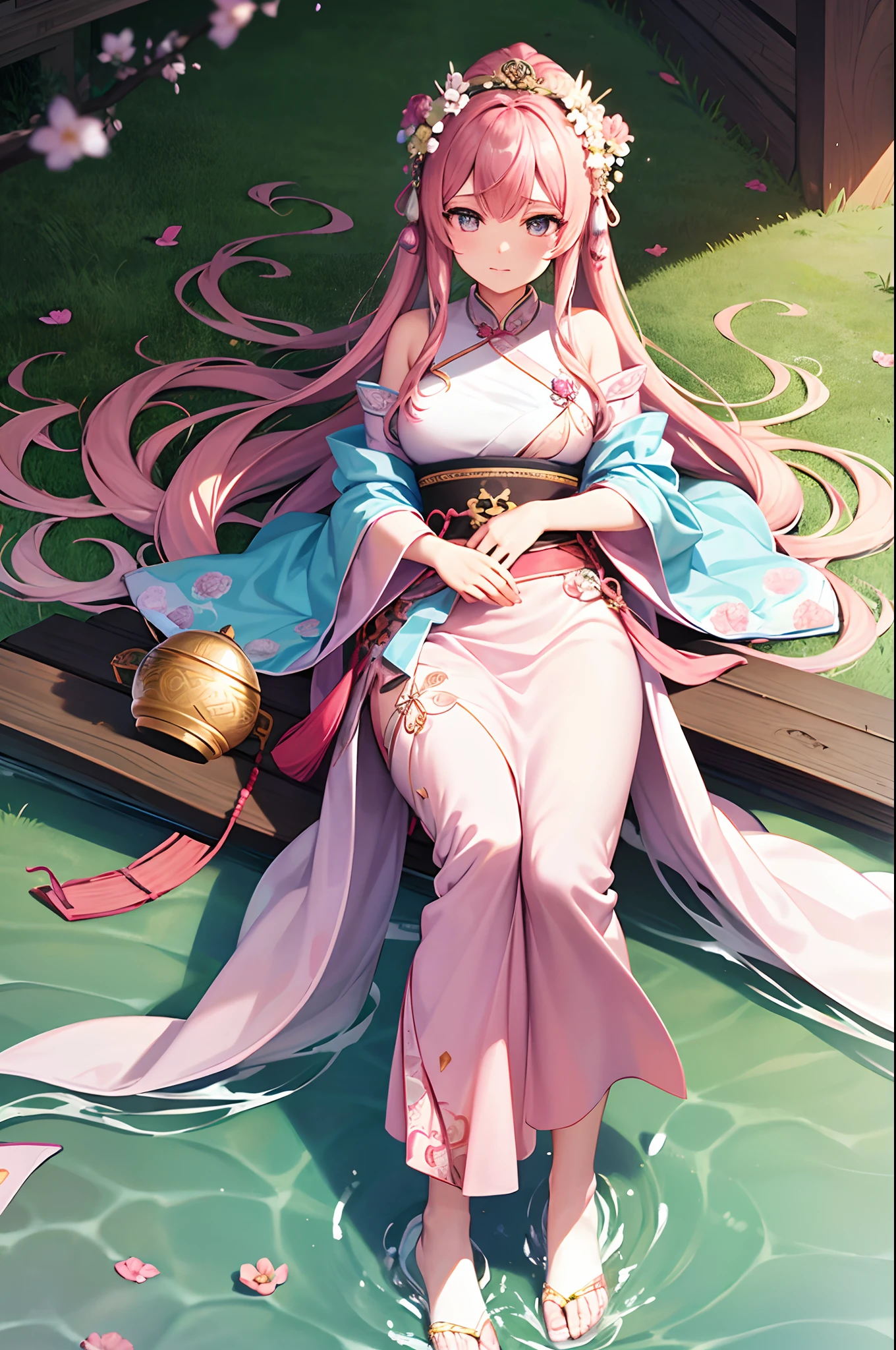 Araki woman in pink dress,A flower crown is worn on his head, a colorized photo inspired by Lan Ying, Trend of CGsociety, Realism, Hanfu, Palace , A girl in Hanfu, Princesa chinesa antiga, a beautiful fantasy empress, ancient china art style, ancient asian dynasty princess, chinese empress, White Hanfu, China Princess,Looking down,