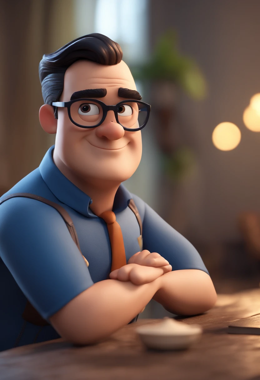 Cartoon character of a man wearing black glasses and a blue shirt, an animated character, stylized character, animation style render, Stylized 3 D, arnold maya render, 3 d render stylized, toon render keyshot, 3d character, 3 d character, stylized 3d render, 3 d character render, cartoon character, close up character, character posing, (Pixar style) (Masterpiece:1.2) (Bokeh) (Best quality) (Detailed skin) (Detailed texture) (8K) (Clay) (Cinematic lighting) (Sharp focus，Sits and leaks the upper body