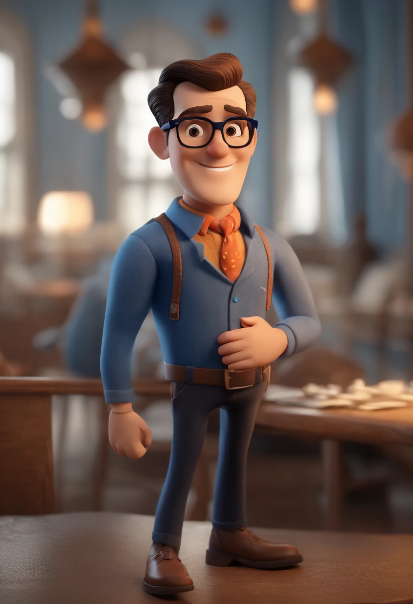 Cartoon character of a man wearing black glasses and a blue shirt, an animated character, stylized character, animation style render, Stylized 3 D, arnold maya render, 3 d render stylized, toon render keyshot, 3d character, 3 d character, stylized 3d render, 3 d character render, cartoon character, close up character, character posing, (Pixar style) (Masterpiece:1.2) (Bokeh) (Best quality) (Detailed skin) (Detailed texture) (8K) (Clay) (Cinematic lighting) (Sharp focus，Sits and leaks the upper body