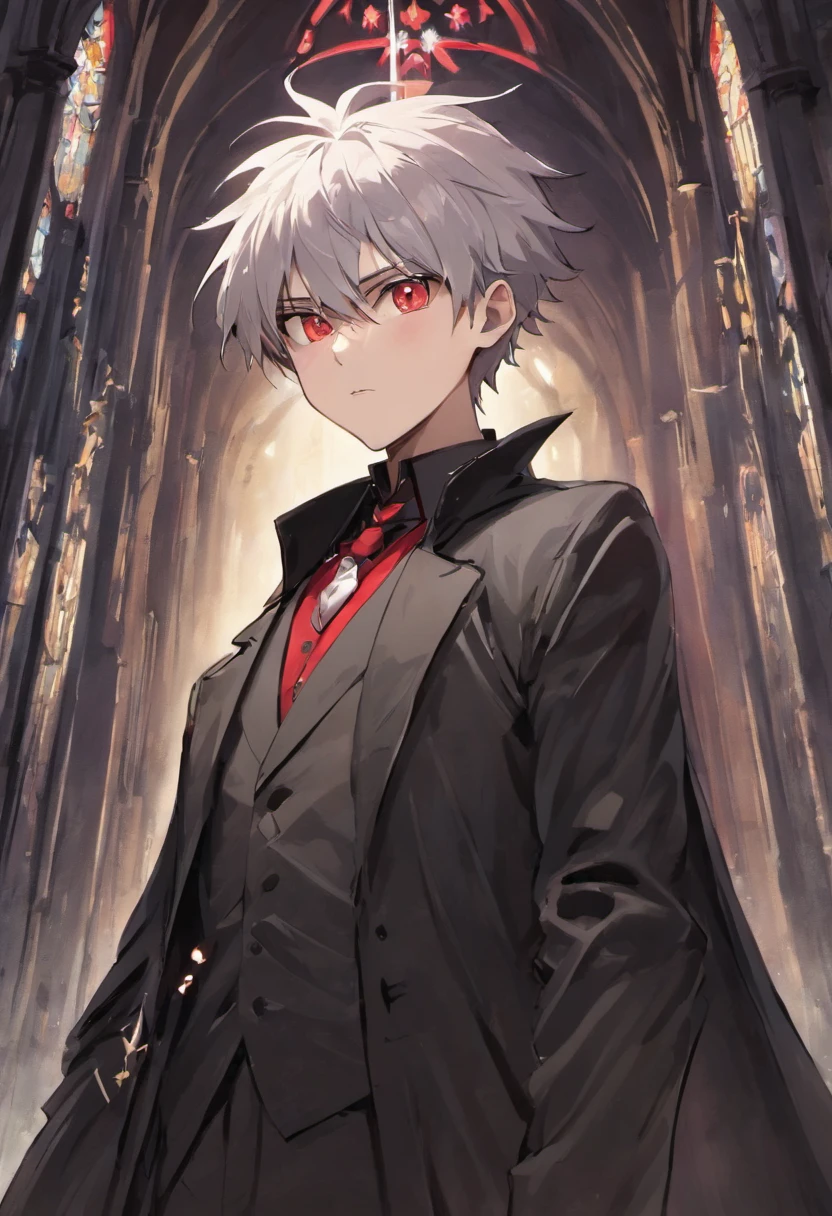 Silver-haired beautiful boy with spiked hair combed back with bangs、red eyes、Black tailcoat、Inside a ruined church