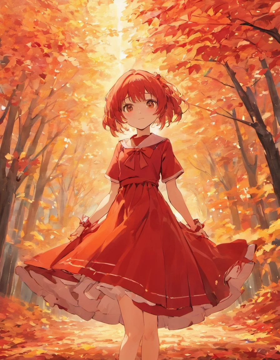 Red dress,girls,Red princess dress,Maple leaves fall,maple leaves,Detail on orange-yellow background,Sunset details,Sunset background,the sunset