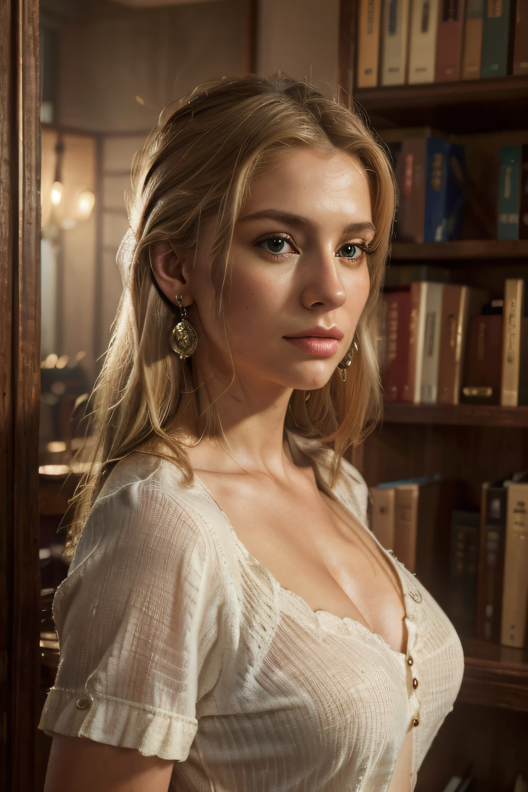(best quality,4k,8k,highres,masterpiece:1.2),ultra-detailed,(realistic,photorealistic,photo-realistic:1.37),woman,earrings,blonde hair,upper body,looking away,bookshelf,solo