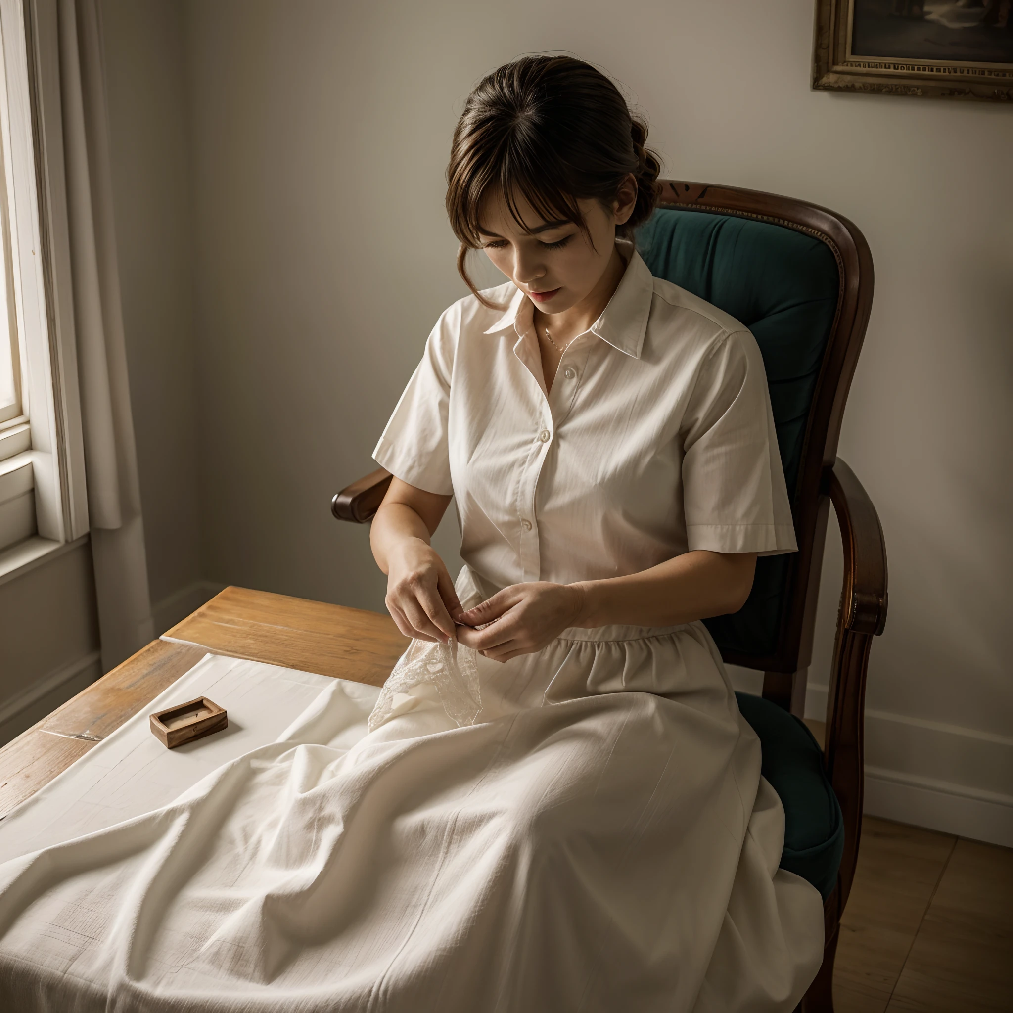 an old seamstress is sewing, (masterpiece, best quality), 1woman, full body, face marked by age, hide feet, documentary photo of Italian old woman wears very torn white shirt and a dirty old red long skirt, She is intent on sewing. She is embroidering a lace on a white sheet. The woman sews with needle and thread. Sitting in an old armchair. Typical old Italian room, smoke in the air, Tyndall effect, small particles in the air, very diffuse light, determined movements, green_eyes, red lips, slightly open mouth, closed eyes, soft light, lens flare, silhouette shadows, high res photo, high detailed, (highly detailed skin:1.2), 16k, High details. ultra high res.photorealistic:1.4, UHD, DSLR, soft lighting, high quality, grain color film, FujifilmXT3, low angle point of view