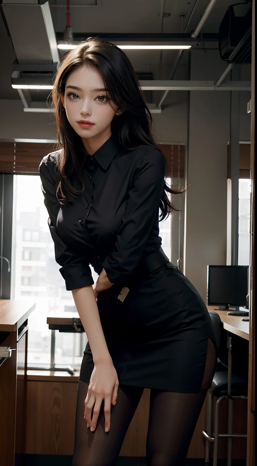 best qualtiy, Full body like，Cinematic shots，Refined face，pretty  face，20yo Woman，ssmile，slimfigure，Smaller bust，office lady uniform，Office wear，black lence stockings，interior scenes，office room，Stand up