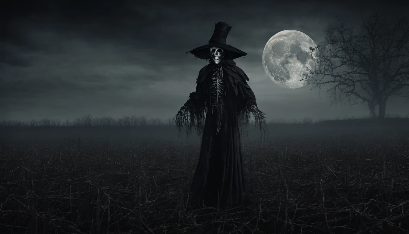 creepy scarecrow in a field at night, halloween night, full moon in the background, ultra detailed, masterpiece.