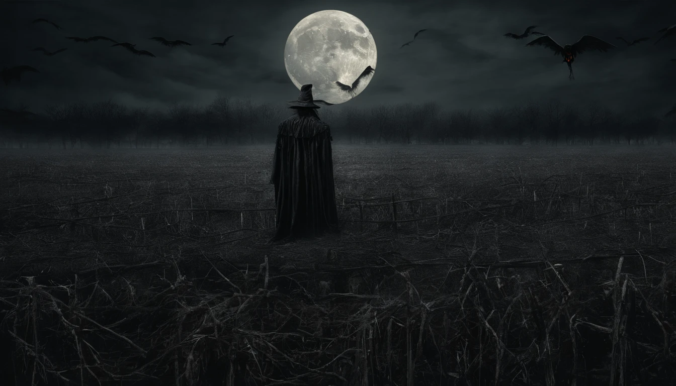 creepy scarecrow in a field at night, halloween night, full moon in the background, ultra detailed, masterpiece.