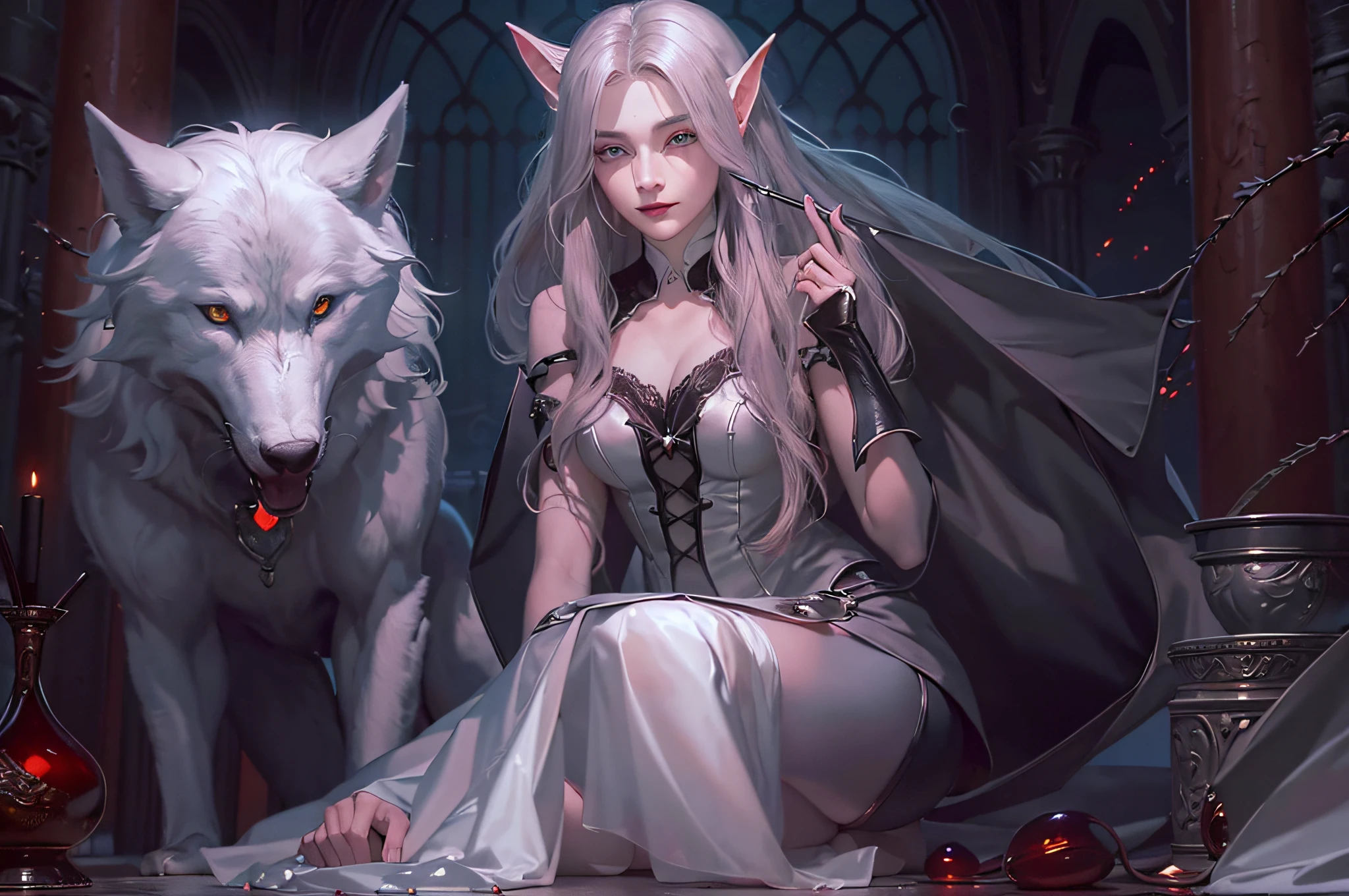 Photo of vampire elf in her castle and her pet wolf, Delicate and beautiful female elf vampire (Ultra detailed, Masterpiece, Best quality), full bodyesbian, hyperdetailed face (Ultra detailed, Masterpiece, Best quality), gray colored skin, blond hairbl, hair in a ponytail, Long hair, Blue eyes, Cold eyes, Glowing eyes, Intense, Small pointed ears with eyes, Smirking, A smile dripping with blood on his face (Ultra detailed, Masterpiece, Best quality), dark red lips, [Vampire fangs], wears a white dress (Ultra detailed, Masterpiece, Best quality), dark  blue cloak, High heeled boots in the dark fantasy library, With a big bad wolf (Masterpiece, Best quality) bookshelves, High details, Best quality, 8K, [Ultra detailed], Masterpiece, Best quality, (Ultra detailed), full bodyesbian, super wide shot, Photorealism, primitive, dark fantasy art, Moonlight shines through the windows, rays of moonlight, Gothic art, Feelings of fear, Sense of seduction