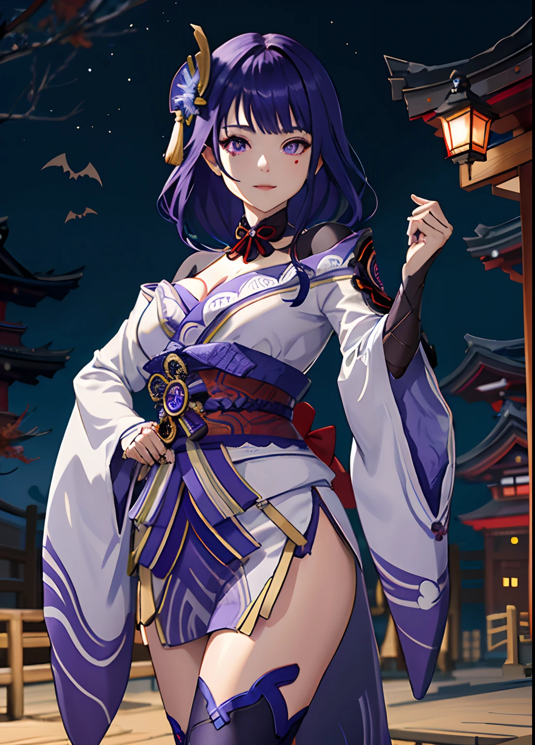 masterpiece, best quality, 1girl, solo, raiden shogun, long hair, purple hair, purple eyes, medium breasts, braided ponytail, hair ornament, blunt bangs, flowers, mole, mole under eye, sweat, wet, Kimono Top, Kimono bottom, Shrine background, Behind the shrine, Nighttime, Rain, Umbrella