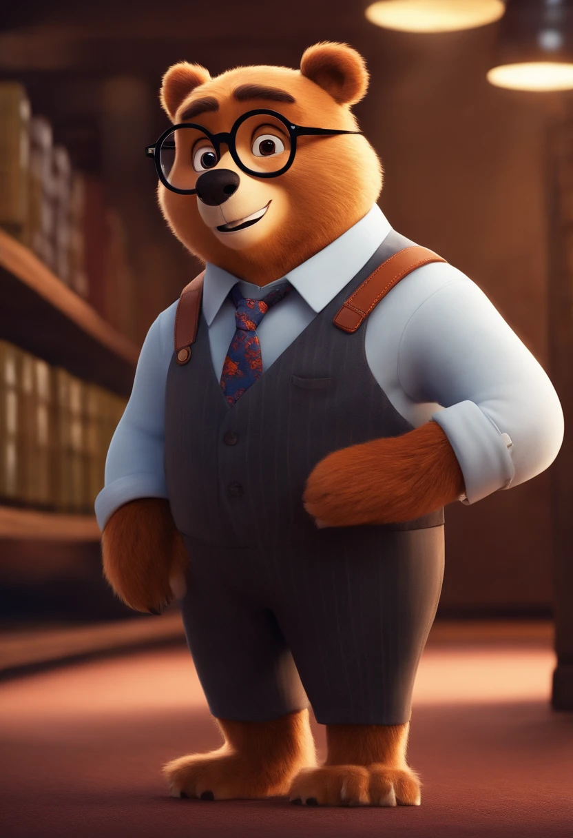  estilo desenho animado, Pixar, wearing round glasses, segurando um urso de pelucia, roupa de escoteiro,