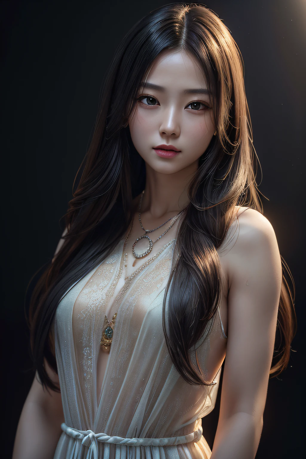 1girl,long hair,upper body,china transparent silk dress,necklace,(best quality,4k,8k,highres,masterpiece:1.2),ultra-detailed,(realistic,photorealistic,photo-realistic:1.37),HDR,UHD,studio lighting,portraits,vivid colors,sharp focus,physically-based rendering,extreme detail description