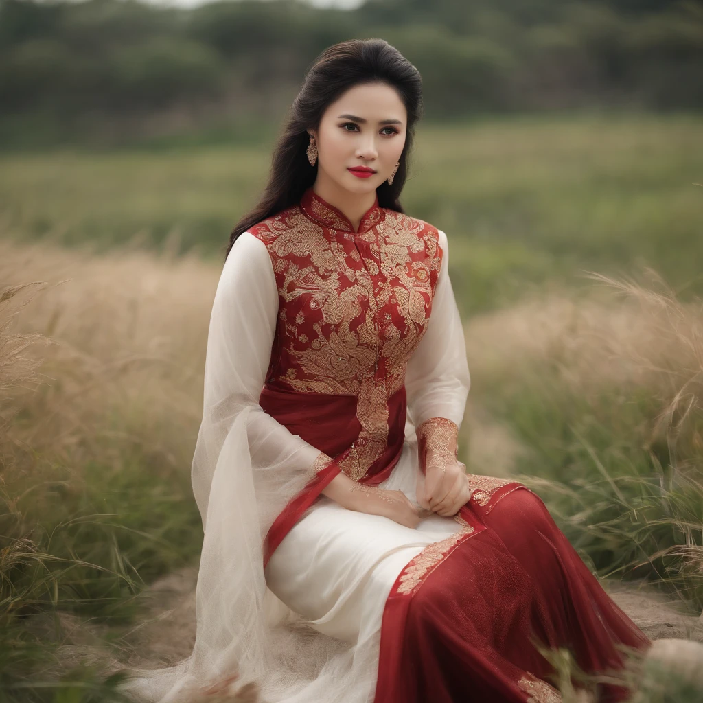 the girl in Ao Dai is sewn from fine silk or cotton fabric, It has a long white style and that hugs the body that is very detailed, The Peacock pattern on the front of the shirt is very detailed, The girl stands in a very splendid space with many details