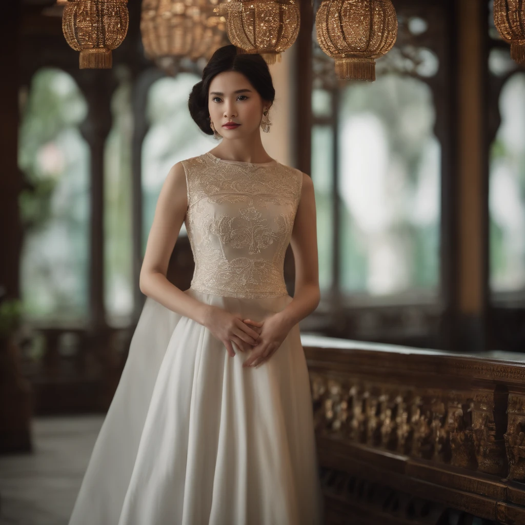 the girl in Ao Dai is sewn from fine silk or cotton fabric, It has a long white style and that hugs the body that is very detailed, The Peacock pattern on the front of the shirt is very detailed, The girl stands in a very splendid space with many details