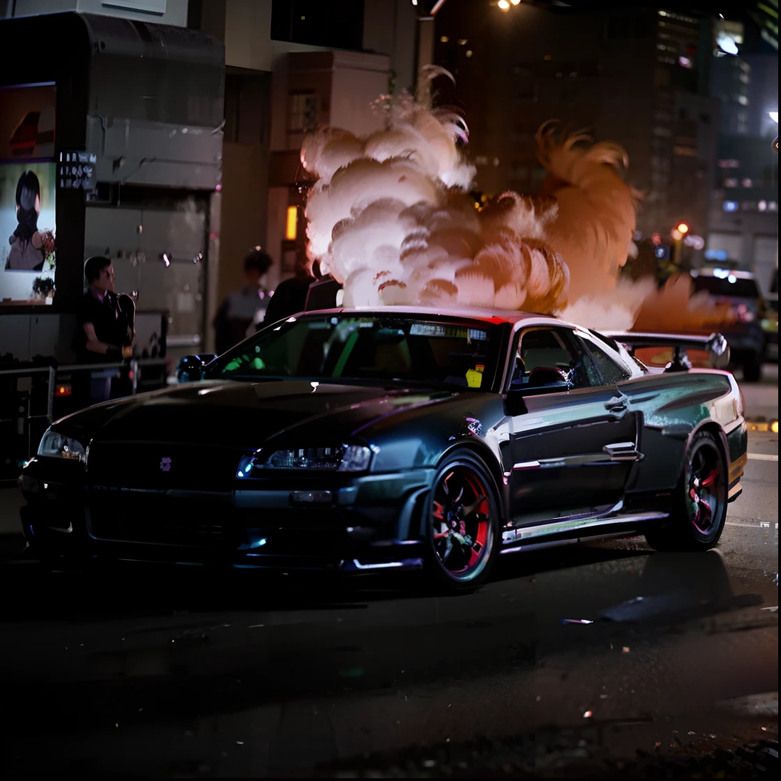 um close up de um carro pegando fogo em um estacionamento, carros em chamas, carro em chamas, vehicles on fire, vfx action shot, Lamborghini, Burnout, furious action scene, ardente, Tiro VFX, efeitos visuais criativos, epic vfx shot, fires!! hiper-realista, action movie still, VFX rendering, VFX Cinematic Effects, cena em chamas ao fundo, ACTION SCENE