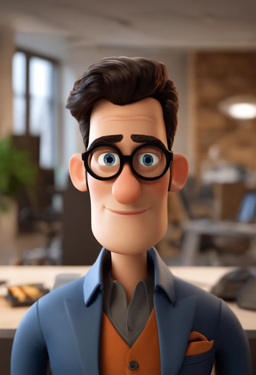 Um designer grafico , mas realista, inspired by Pixar animation, de perto. The character takes center stage in the office with captivating facial expressions, oferecendo um toque de irrealidade. esse personagem tem caracteristicas como essas: um homem de 25 anos, de formato de rosto oval, cabelo preto de corte baixo, barba rala, e com um oculos preto.