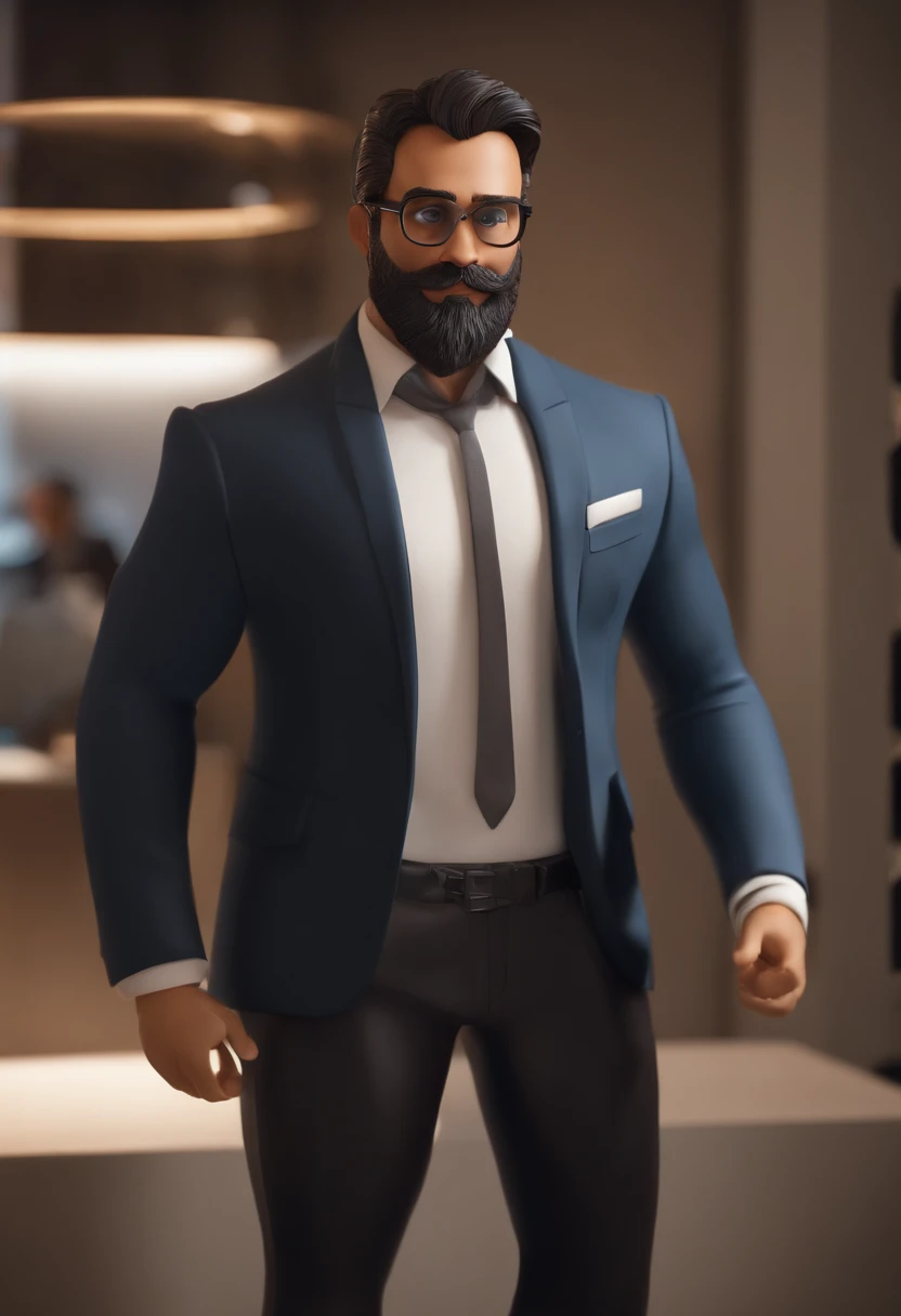 Um designer grafico , mas realista, inspired by Pixar animation, de perto. The character takes center stage in the office with captivating facial expressions, oferecendo um toque de irrealidade. esse personagem tem caracteristicas como essas: um homem de 25 anos, de formato de rosto oval, cabelo preto de corte baixo, barba rala, e com um oculos preto.